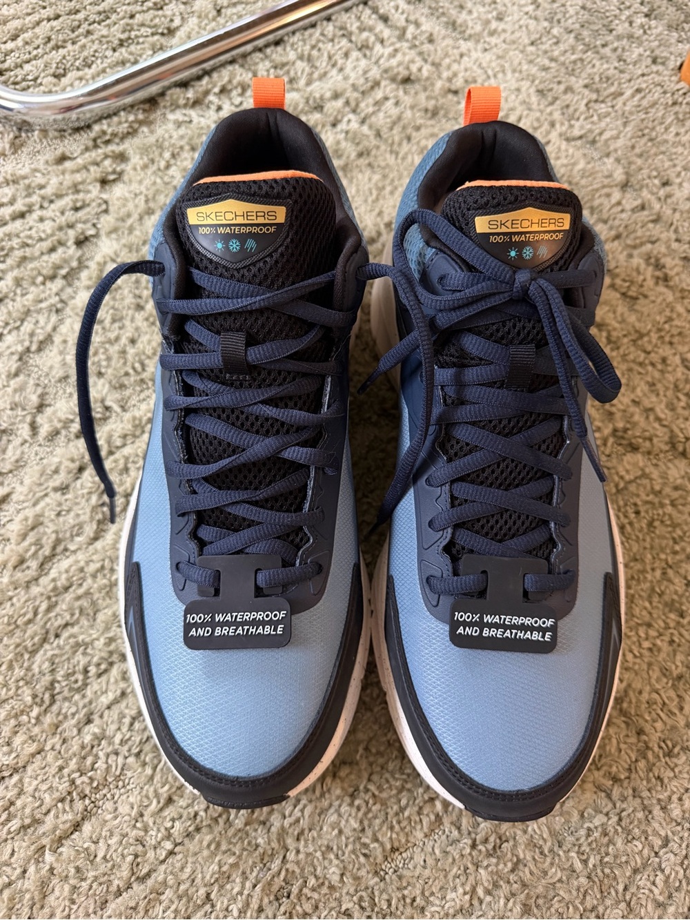 Skechers Men's Navy and Light Blue Waterproof Sneakers with Orange Pull Tabs